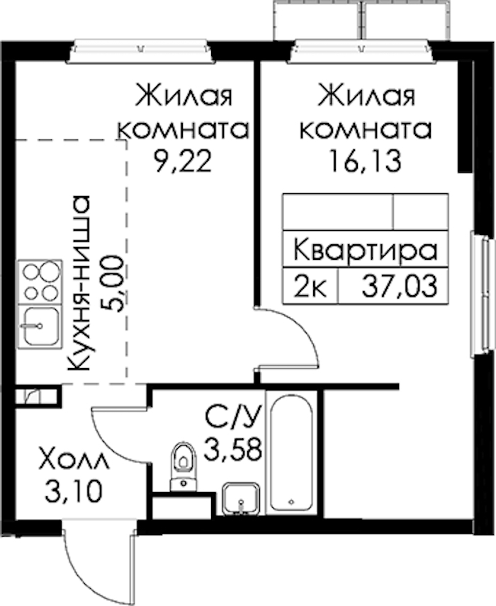 1-комнатная квартира 37.03 м², 5/15 эт., ЖК «Янинский лес»